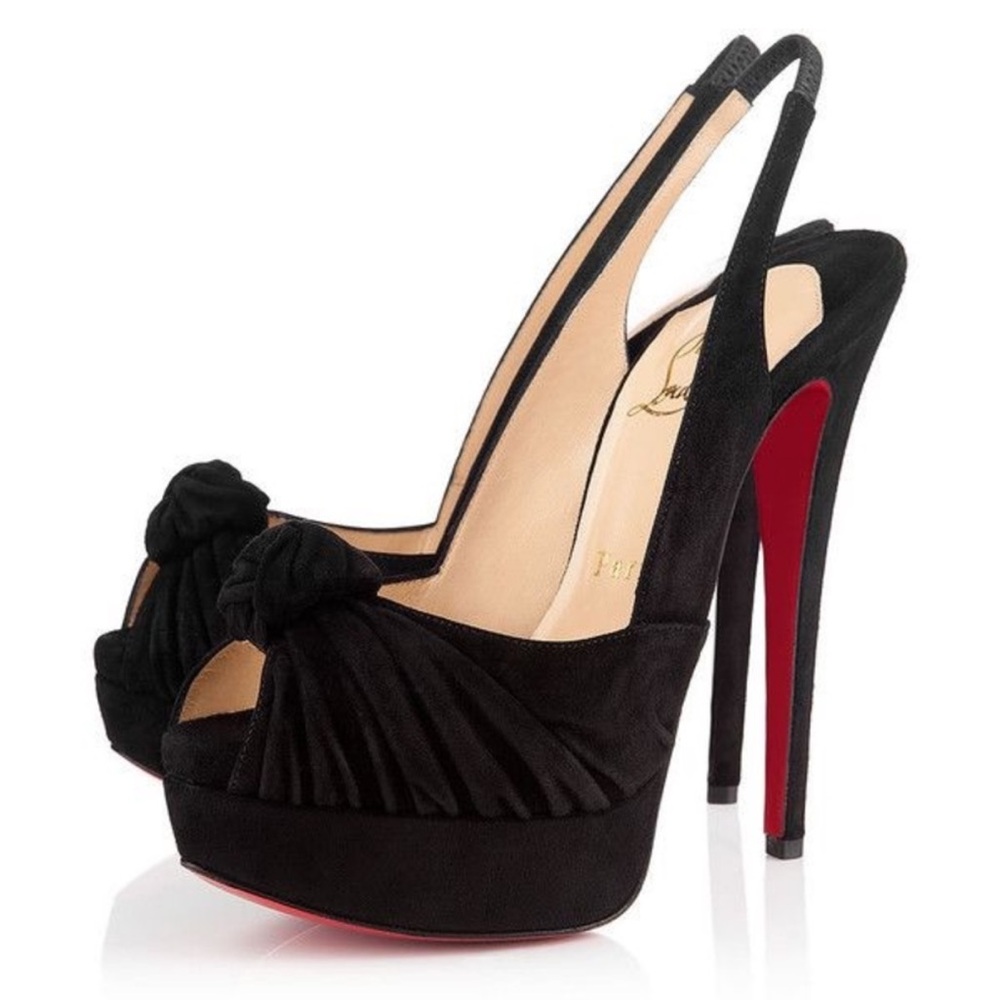 Christian Louboutin Jenny 150 Suede Pleated Knot Slingback Stiletto Heels Black